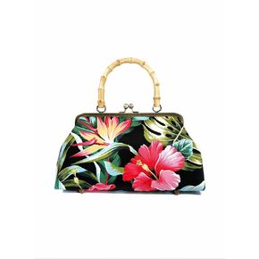 Tropical Bird of Paradise & Pink Hibiscus Kisslock Purse with Bamboo Handles, Vintage Hawaiian Style Bag, Summer Floral Purse, Gift for Her