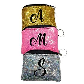Initial Coin purse keychain monogram sequin bling wallet ID holder girly pouch (Icey Turquoise)