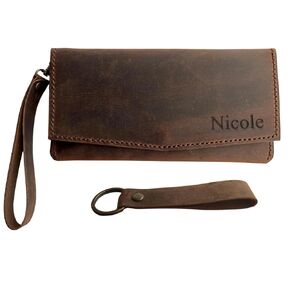 Personalized Wristlet Wallet for Women, Genuine Crazy Horse Leather 100% Hand Sewing Purse with Wrist Strap and Keychain, Multi Card Holder Cell Phone Pocket with Gift Box (Burgundy)