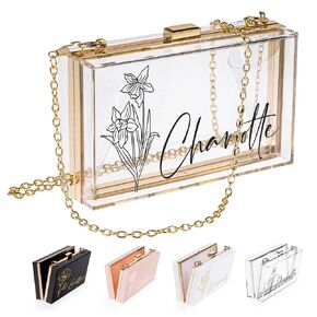 Personalized Gifts for Women, Personalized Purse with Birth Flower and Name Acrylic Black Clutch Bag, Birthday Gifts for Women Handbag with Removable Chain