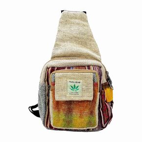 Handmade Hemp Crossbody Bag, Leather Accents, Multi-Color