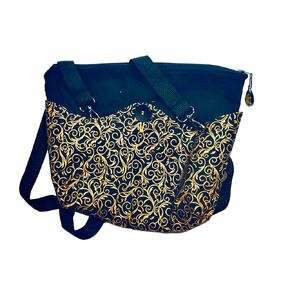 100% Cotton Fully Lined Medium Purse with 4 Outside Pockets, 3 Inside Pockets - Configurable 3 Ways: Shoulder Bag 2 WAYS with reversible Covers and as a Clutch (Black & Gold, Swirl Lines)