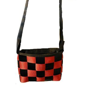 Seat Belt Messenger Purse in black and burnt orange with cross body strap, washable, various linings available
