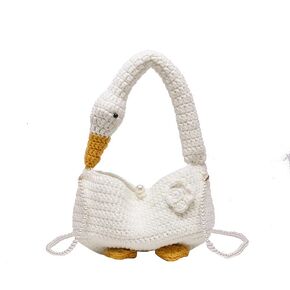 Crochet bag big goose crossbody bag shoulder bag mobile phone bag coin purse crochet pearl chain (White)