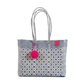 Mixte Woven Super Tote, Handwoven Recycled Plastic Tote, Mexican Woven Bag, Beach Bag, Summer Bag, Blue & Beige Beach Bag, Water-Resistant Tote