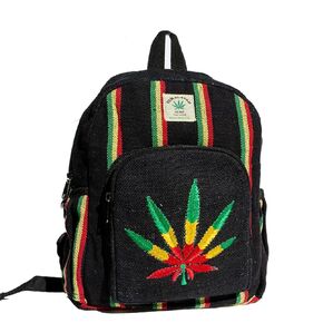 Himalayan Fashion Handmade Rasta Marijuana Backpack | Black, Yellow, Red | Hemp and Cotton | Small Mini Travel Backpack with Water Bottle Pockets | Made in Nepal