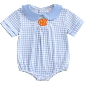 Newborn Baby Girl Halloween Outfit Infant Plaid Pumpkin Short Sleeve Doll Collar Bubble Romper Pumpkin Patch Clothes