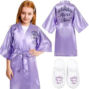 2 Pcs Quinceañera Robes and Slippers Set for Mis Xv Anos Purple Satin Quince Robes Women Quince Gift for Quinceañeras Birthdays Wedding Pajamas Party, Purple S/m for 4-8