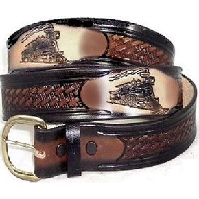 TRAIN LOCOMOTIVE CUSTOM HANDMADE LEATHER BELT 1 1/2" WIDE