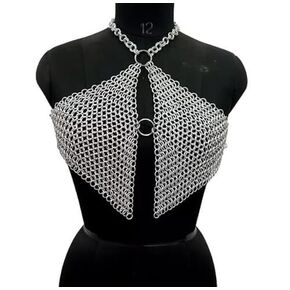 أعلى سلسلة من الماليس في العصور الوسطى للنساء-سلسلة حلقة الألومنيوم خفيفة الوزن Maille Top-Festival Rave Outfit-أعلى محصول المعادن المستوحى من الدروع-زي Cosplay مثير أو ملابس نادي