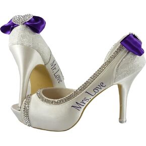 Customizable Wedding Shoes, Purple Heart, Bows, White Ivory