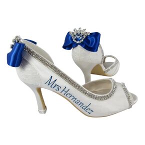 Rhinestone Crown & Royal Blue Bridal High Peep Toe Heels, Personalized Name and Wedding Date, 3.5 Inch White and Ivory