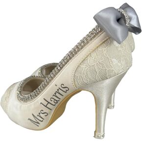 Rhinestone & Satin Bow Heels for Wedding in Ivory or White Satin Lace and Personalized Name 3.5 or 2 inch Heel