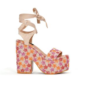 Alondra embroidered platform sandal for women with lace-up front closure. Colors: Floral Pink, Floral Blue and Natural (Natural, 7)