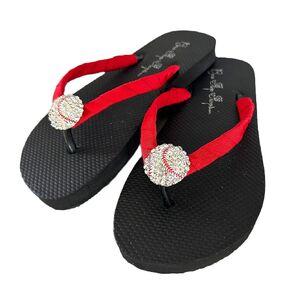 Red Baseball Flip Flops with Rhinestone Bling for Mom, Ladies Shoes