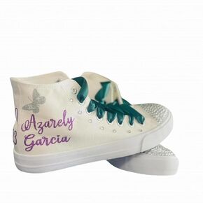 Quinceanera Sneakers - 15 Birthday personalized Shoes with butterflies and Gems - Zapatillas de 15 Green and Lilac Customized Shoes - Dancing 15th Party (9)