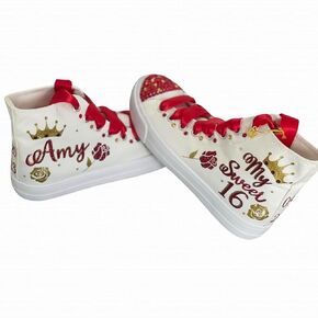 Sweet 16 Sneakers Sneakers - Birthday 16 personalized Shoes withCrown and Roses - Zapatillas de 16 Red and Gold Customized Shoes - Dancing 16th Party (8)
