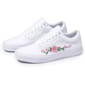 Custom White Old Skool Pink Rose Handmade Shoes By Patch Collection