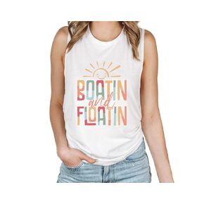 BOATIN AND FLOATIN - White Muscle Tank - Women's Shirt Tank Summer Tank Cute Graphic Shirt - Summer Vibes Lake Life (M)