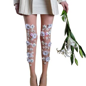 Embroidered fishnet stockings, Floral embroidery wedding fishnet socks, After party fishnet socks, Costume party ensemble fishnet stockings