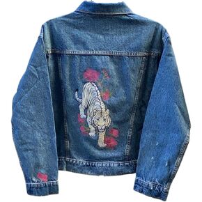 Women's Jean Jacket, Embroidered with White Tiger and Orchids, Orchids On Front Yoke and Small Orchid On Sleeve Above Cuff (M) in Saudi Arabia