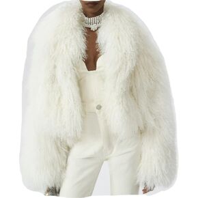 FURINFASHION MY-24 Pure White Plush Short Jacket With Real Mongolian Lamb Fur Hair For Women Big Fluffy Over Coat Cropped Coats Outwear Furry Fuzzy (S, White)