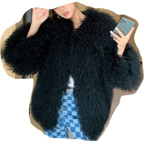 WF-18 Big Fluffy Fur Coat For Women With Real Mongolian Lamb Furry Fur And Long Curly Hair Tibetan Sheep Fuzzy Short Jacket Winter Warm Fur Garment Fashionable Luxury Fur Coats (Custom Size, Black)