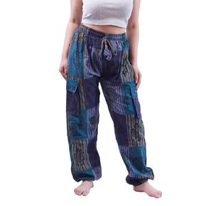 Cotton Trousers - 100% Organic Cotton, Washable, Patchwork Design, Stylish, Multicolor, 4 Pockets, Soft, Breathable, Unique Handcrafted, Durable, Comfortable Fit & Vibrant (XL, Dark Blue)