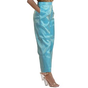 Blue Tapered Disco Pants with Side Pocket and Hidden Zipper - Cocktail Front Pleated Trouser or Casual Sparkle Satin Pant for Comfort & Luxurious Look- High Waisted Pants for Women