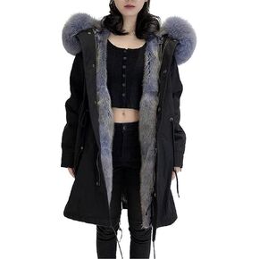FURINFASHION D-47 Women's Autumn Winter Furry Long Parka Coat With Real Raccoon Fur Hoodie And Rabbit Fur Inner Lining Luxury Fur Jackets (M, Black)