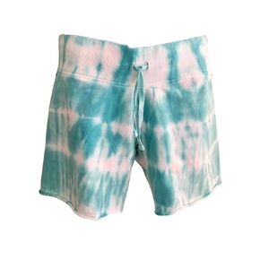 Turquoise Tie Dye Drawstring Shorts with Raw Edge Hem (Small), Women's, Teen Lounge Shorts (S)
