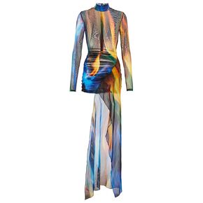 Women's Colorful See-Through Dress With Long Sleeves And Long Back Mesh Transparent Long Dress Slim Asymmetric Sexy One Piece Dress For Woman (XL, Printing)