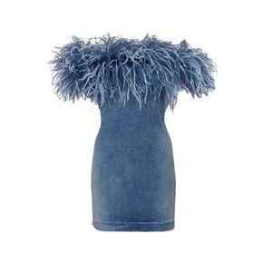 FURINFASHION MY-27 Sexy Tight Denim Dress With Big Fluffy Real Ostrich Fur Feather On The Shoulder Top For Women Jeans Short Evening Dresses Cool Temperament Girls (S, Denim Blue)