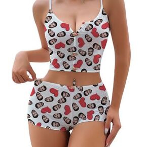 Photo Custom Appliques Notched Neckline Lingerie Set, Set Lenceria Personalizado con tu foto (M)