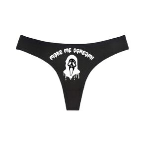 MAKE ME SCREAM! Halloween Spooky Panties - Black Thong - Humorous Panties Humorous Thong Naughty Sexy Kinky Underwear Funny Holiday Thong Panties Lingerie Underwear (L)