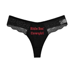 Ride Em' Cowgirl - Black Lace Thong - Choose Your Text Color - Humorous Panties Humorous Thong Naughty Sexy Kinky Underwear Western (XL, Pink Rose)
