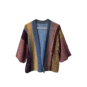 LORELEILOOPS Women's Handmade Crochet Knit Cardigan Sweater. Size S/M. (Blue, Yellow, Cotton)