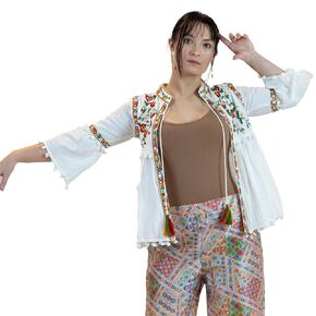 Floral Peplum Tops for Women - Mandarin Collared Puff Sleeve Tie Front Top - White Indian Blouse Cropped or Babydoll White Embroidered Top, Traditional Handicrafted Mirror Work