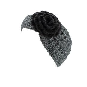High Fashion Headband | Ear Warmer | Earmuff | Gray/grey Tweed with Black Flower