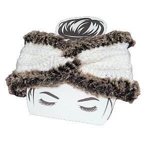 Crocheted Ear Warmer/Head Band - Off White with Brown Faux Fur Trim