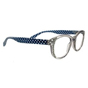 Lucy, Polka Dot Clear, Round Bling Women Reading Glasses Adorned w Black Diamond + Clear Genuine European Crystals, Blue n translucent Grey. NY Fifth Avenue.