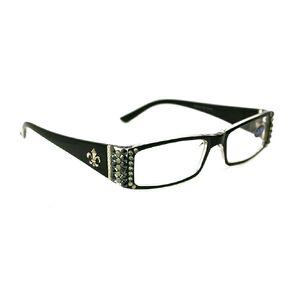 The French, Fleur De Lis, Rectangular Bling Women Reading Glasses Adorned with Black Diamond + Hematite Genuine European Crystals Black Frame. NY Fifth Avenue.