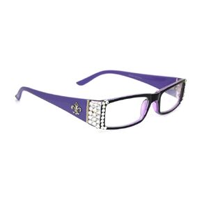 The French, (Bling) Fleur De Lis Women Reading Glasses Adorned with (Clear + Aurora Borealis) Austrian Crystals, Magnifying (Purple) Rectangular. NY Fifth Avenue.