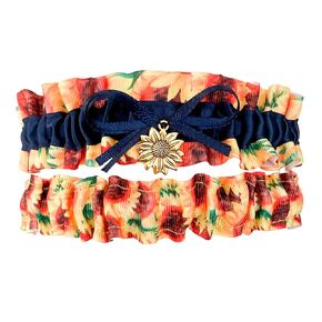 Navy Blue Satin Wedding Bridal Garter Set Gold Sunflower Charm