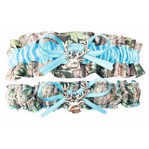 Turquoise Camouflage Satin Wedding Bridal Garter Set - Deer Head Charm