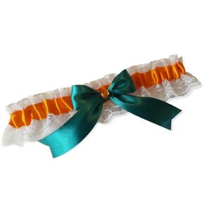 Handcrafted Orange & Light Teal Satin and White Lace Wedding Garter or 2pc Set with Rhinestone Football College Baseball