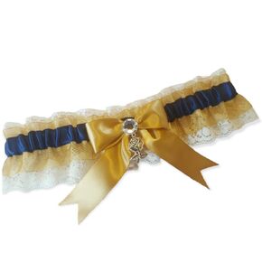 Handcrafted Navy Blue, Gold & Ivory Lace Wedding Garter or 2pc Set with Rose Charm