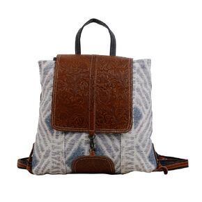 Premium Brown Leather Knit Rug Canvas Backpack | Real Leather Handmade Backpack | Women Outdoors Rustic Country | RMBB16