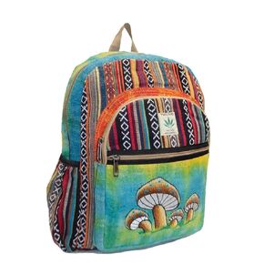 Himalayan Fashion Handmade Hemp Backpack with Mushroom Rainbow Multicolor American Native Design, Large Pockets, Water-Resistant, Ideal for Work, Travel, Hiking, and Daily Use