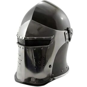 Black Viking Visored Barbuta Battle Helmet: Premium Medieval Knight Armor for SCA and LARP Events, Ideal for Historical Reenactments and Fantasy Combat